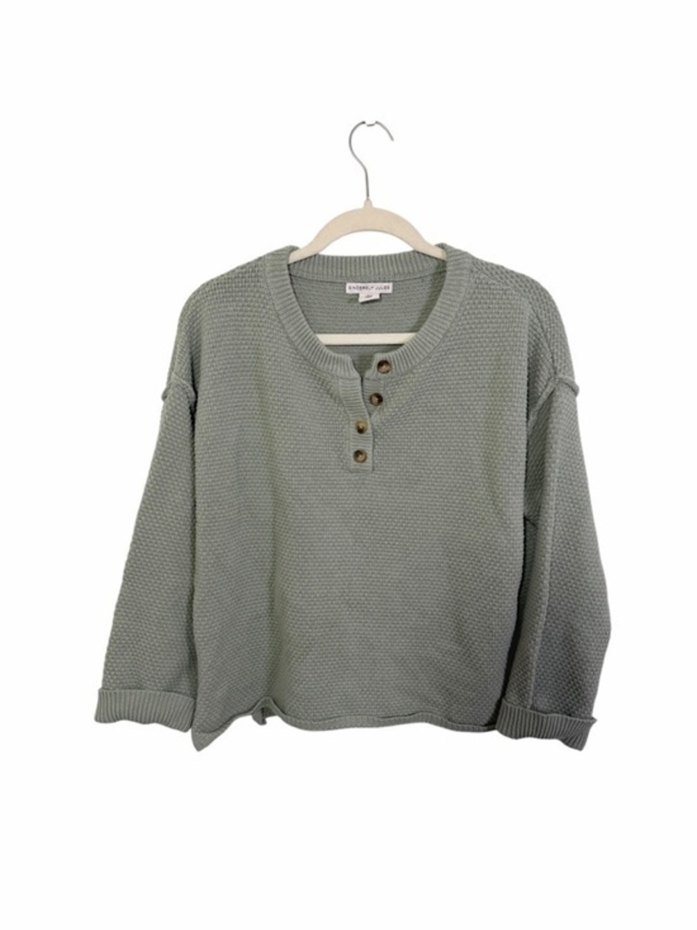 Sincerely Jules Waffle Knit Sweater Small Sage Green Henley Button Casual